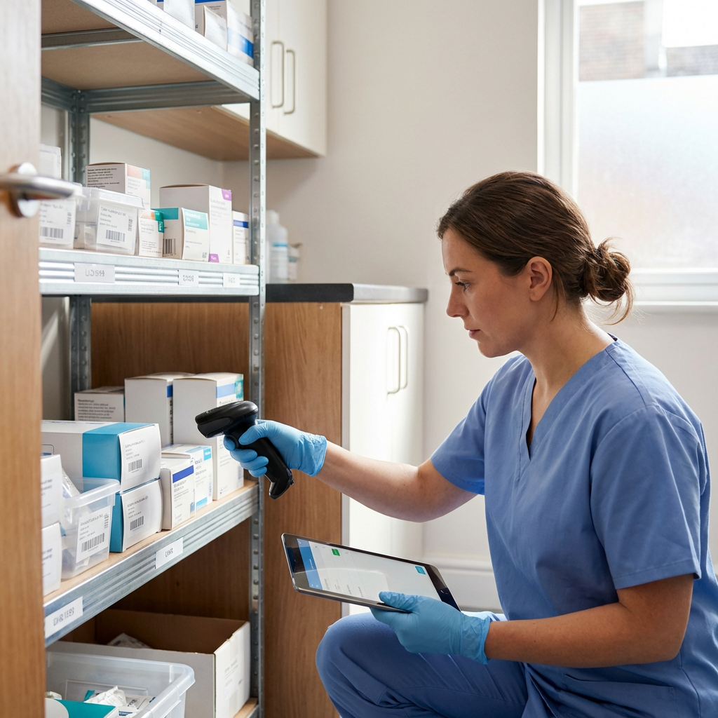 Nurse scanning medical stock with barcode reader and tablet